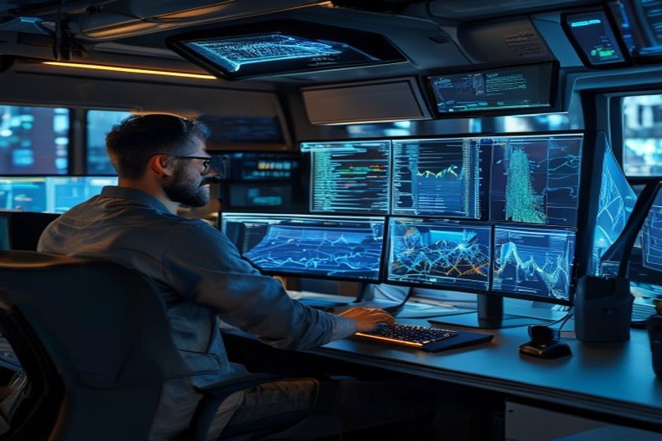 Software engineer in a modern Vancouver office studying multiple glowing monitors displaying layered neural network diagrams and data flow charts